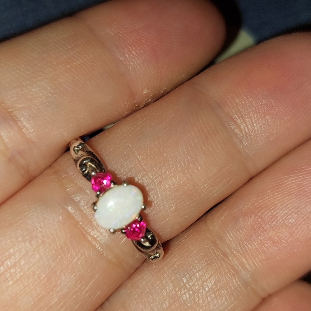Vintage Tested Opal and Ruby Gemstone Silver Ring